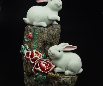 

China Pottery Wucai Porcelain Art Decoration Rabbit Hare Peony Statue Sculpture