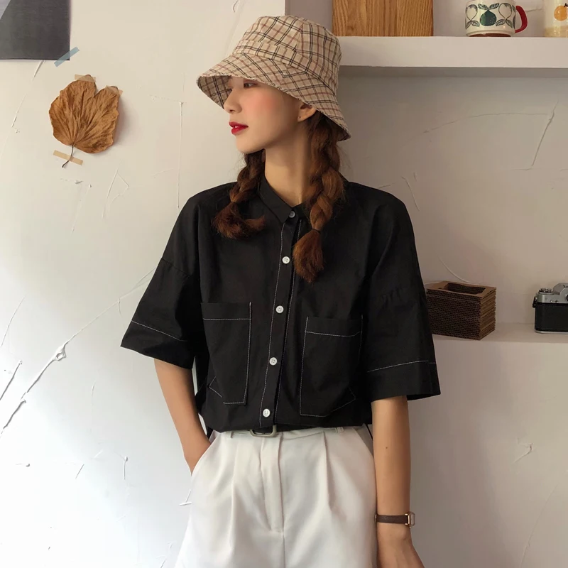 

2 colors 2019 summer safari style new pocket tops womens short sleeve shirts womens blouses (C6465)
