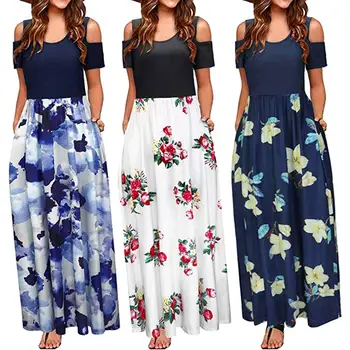 Bohemian Fashion Dress Women 2019 Summer Cold Shoulder Floral Print Elegant Maxi Long Dress Pocket Dress Party Beach vestidos blue floral print off shoulder maxi dress