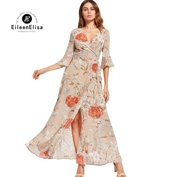 

Party Dresses Long 2017 Short Sleeve V-Neck Floral Print Maxi Dresses Sexy Women Runway Summer Dress 2017