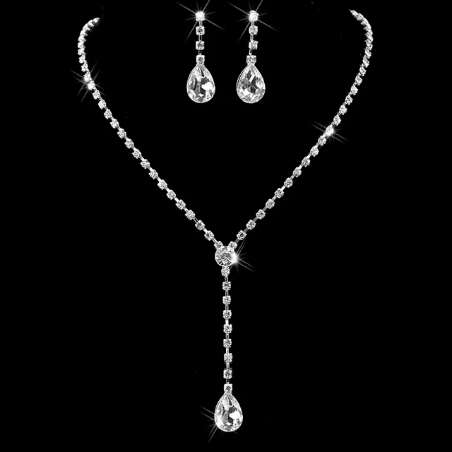 Celebrity Inspired Crystal Tennis Teardrop Long Necklace Earrings Celebrity Inspired Crystal Tennis Teardrop Long Necklace Earrings Set Shiny Silver Color Wedding Bridal Bridesmaid Jewelry