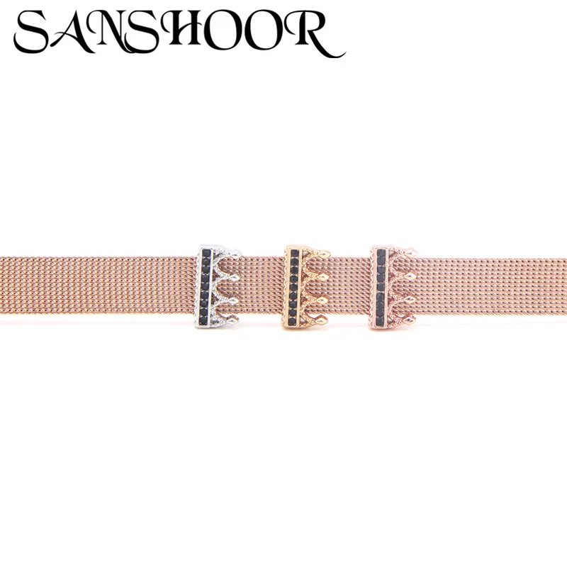 

SANSHOOR Jewelry Black Crystal Rhinestone Crown Slide Charms Fit Stainless Steel Mesh Bracelet for Women DIY Accessories Making