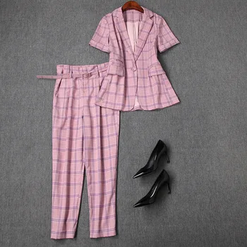 

Europe 2019 Summer Fashion Plus Size Office Plaid Printed Short Sleeve Pink Suit And Matching Pants 2 Pieces Women Set Outfit