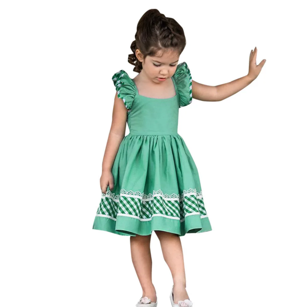 

Summer Toddler Baby Girls dress Sleeveless cotton o-neck short ruched New Plaid Print Backless Lace Clothes Children's Dresses