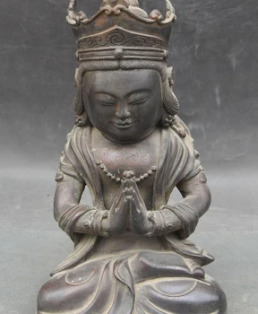 

9"Old Tibet Buddhism Fane Joss bronze Kwan-yin Guanyin Pray God Buddha Sculpture