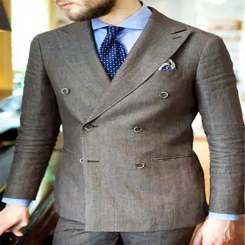 

2019 Latest Coat Pant Designs Brown double breasted linen men suit Business smart casual tuxedos Summer jacket and pants
