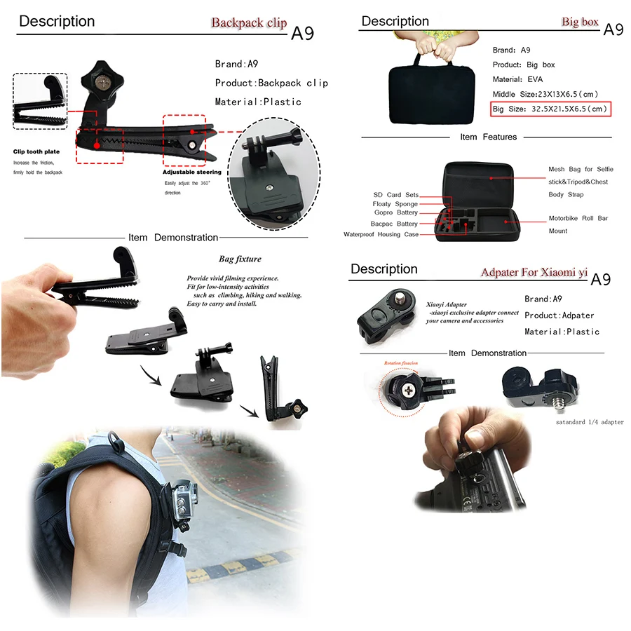 A9 para Gopro accesorios para ir pro kit montaje SJCAM Xiaomi Yi para Sony Ley Cam HDR AS200V AS100V AZ1 mini FDR-X1000V W/4 k - 3