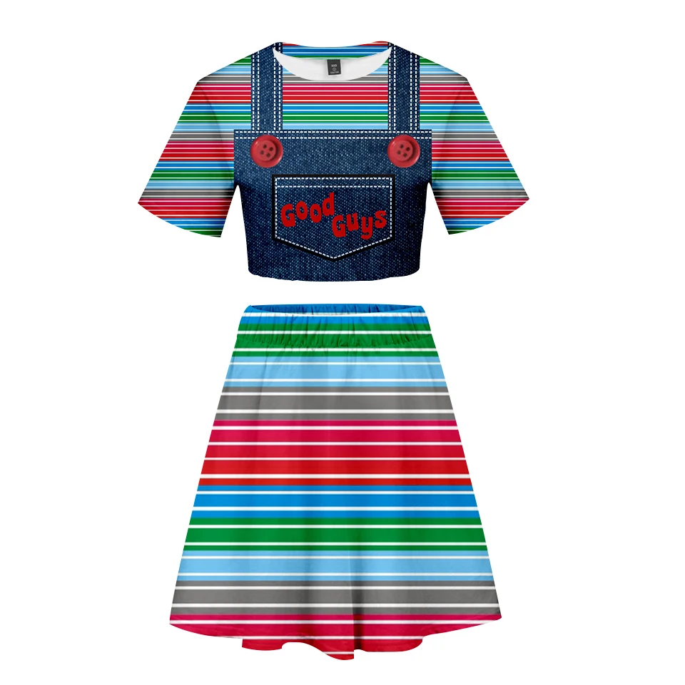 

good guys chucky Cartoon cosplay 3D Fashion Shorts Elastic Waist Women's Loose Soft Sets Casual Short Skirts + navel T-shirt