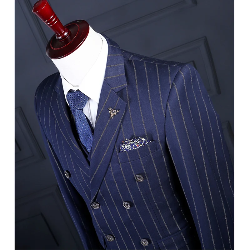 Men Double Breasted Tailored Suit Slim Fit Custom Made Pinstripe Navy Blue Wedding Suits For Men|blue wedding suit|tailored suitwedding suit |