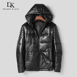 Для мужчин из натуральной кожи пуховик зима теплая Короткое пальто черный верхняя одежда с капюшоном из овчины 2018 Новый дизайнерский бренд