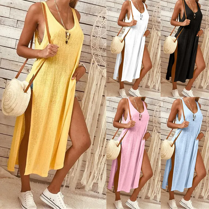 

Sexy Solid Summer Beach Tank Sleeve Casual Round Neck Sleeveless Side High Split Maxi Dress Basic Long Dresses New Plus Size 3XL