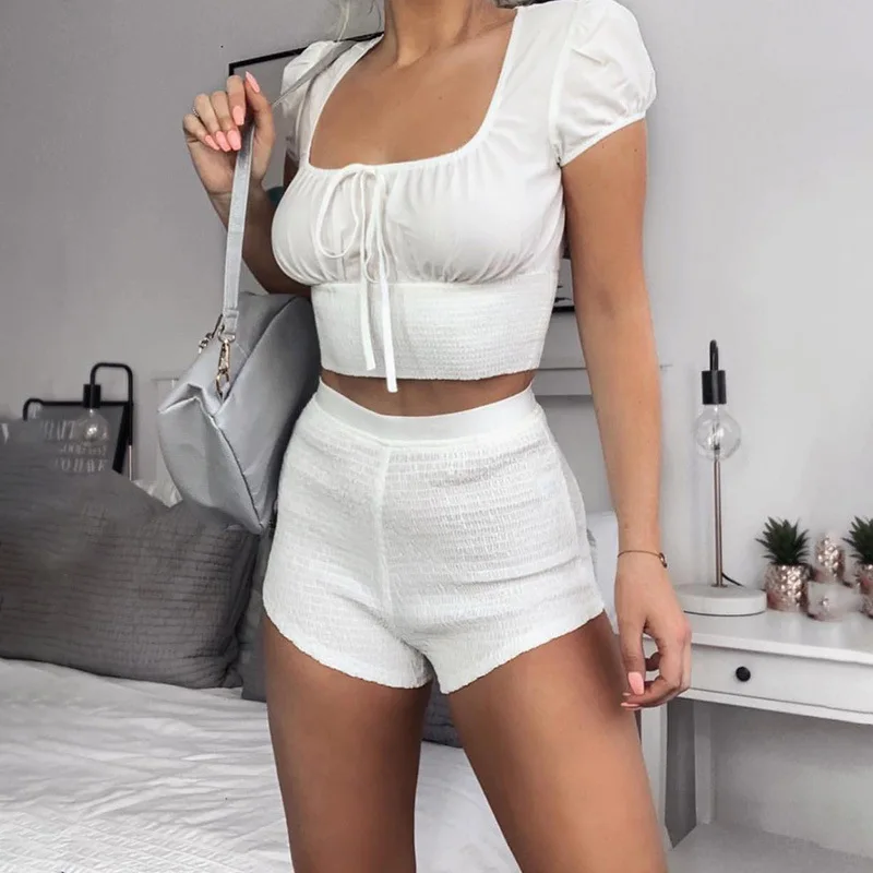 

Chic Fashion Ruched Drawstring Sexy Short Tops High Waist Elastic Short Two Piece Set Outfits Casual Summer Women's Suit
