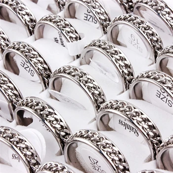 

QianBei Wholesale 15pcs/set Stainless Steel Rings Titanium Chain 6MM Popular Silver Men Rings Rotated Jewelry Free Shipping