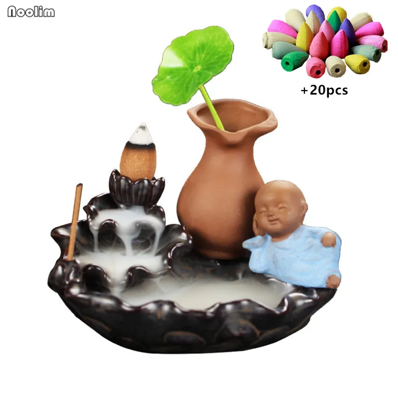 

Little Monk Lotus Backflow Incense Burner Ceramic Tower Incense Holder Aroma Furnace with Vase Home Decor + 20pcs Incense Cones