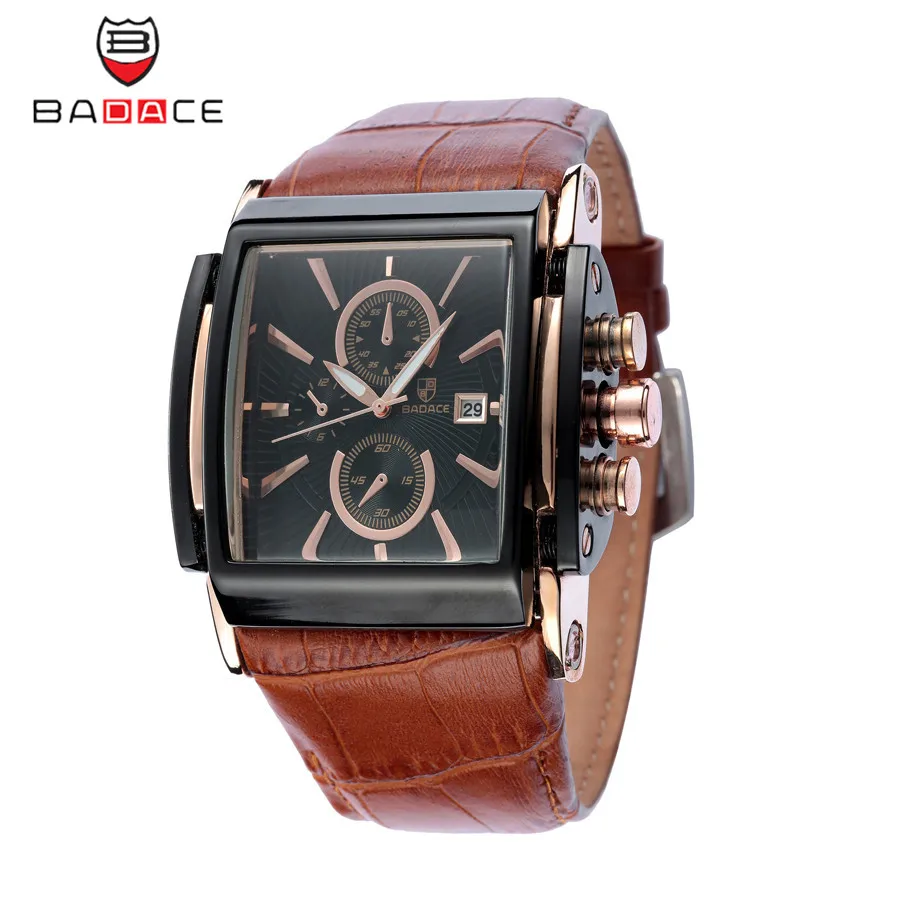 

BADACE Luxury Top Brand Quartz Watches Men's Date Display Square Dial Genuine Leather Strap WristWatch Relogio Masculino 2098