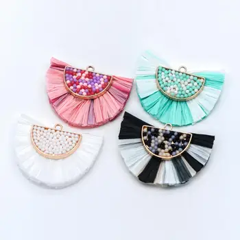 

4pcs Fan Tassel Pendants 44x34mm, Beaded Raffia Tassel Charms for Earrings (FB-017)