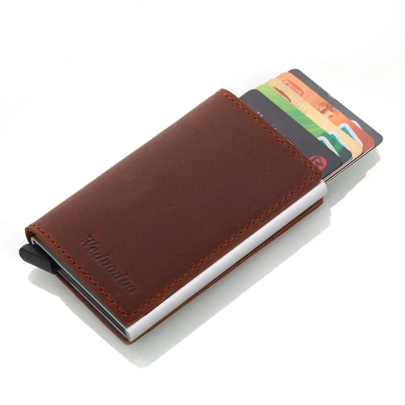 Ceny Weduoduo mężczyźni blokowanie portfel rfid Mini prawdziwej skóry biznes aluminiowe etui na karty kredytowe torebka automatyczna kartka trójwymiarowa