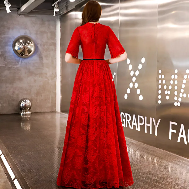 Beauty Emily Red New Lace Evening Dresses 2019 O Neck A Line Formal Party Prom Dresses Floor-length Court Train Evening Gown Beauty Emily Red New Lace Evening Dresses 2019 O Neck A Line Formal Party Prom Dresses Floor-length Court Train Evening Gown