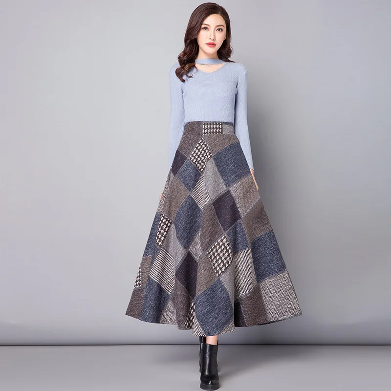 Nantersan осень-зима длинные юбки женские макси-юбки с высокой талией теплая шерстяная элегантная Офисная Женская клетчатая юбка