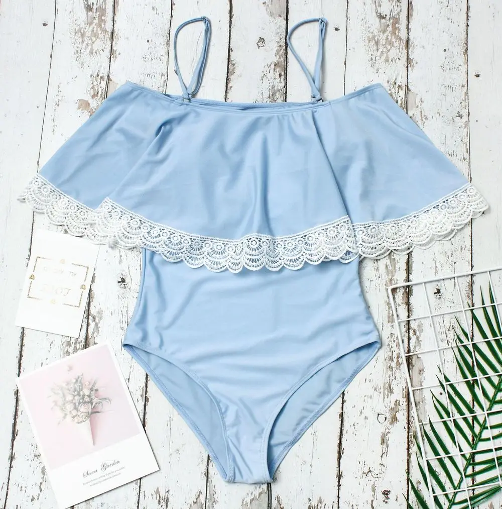 

Sexy Off Shoulder One Piece Swimsuit Solid Swimwear Women Big Ruffle Monokini Open Back Trikini Lace Bathing Suit Blue Beachwear