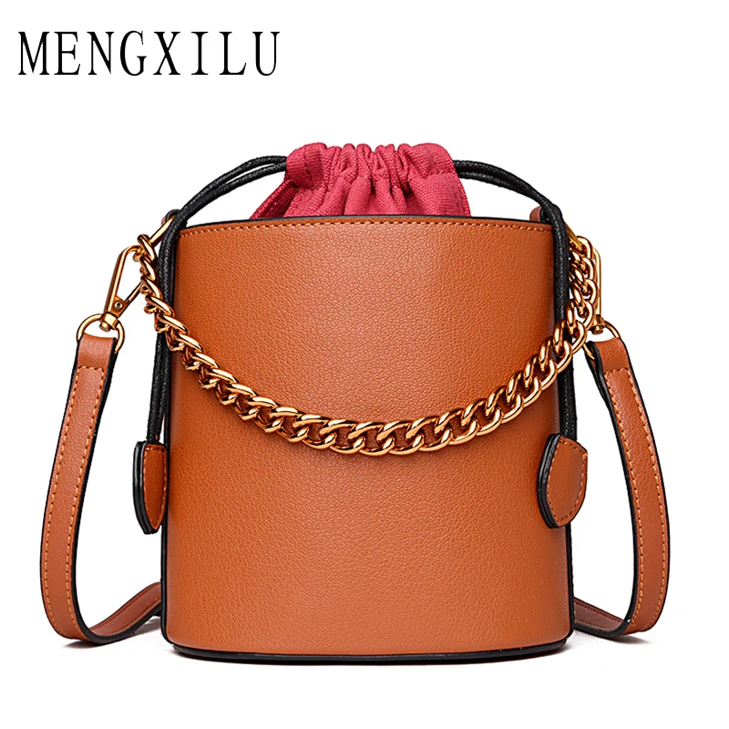 

MENGXILU Fashion Bucket Real Leather Bags Handbags Women Famous Brand Designer Chains Shoulder Bag Women Circle Tote With Handle