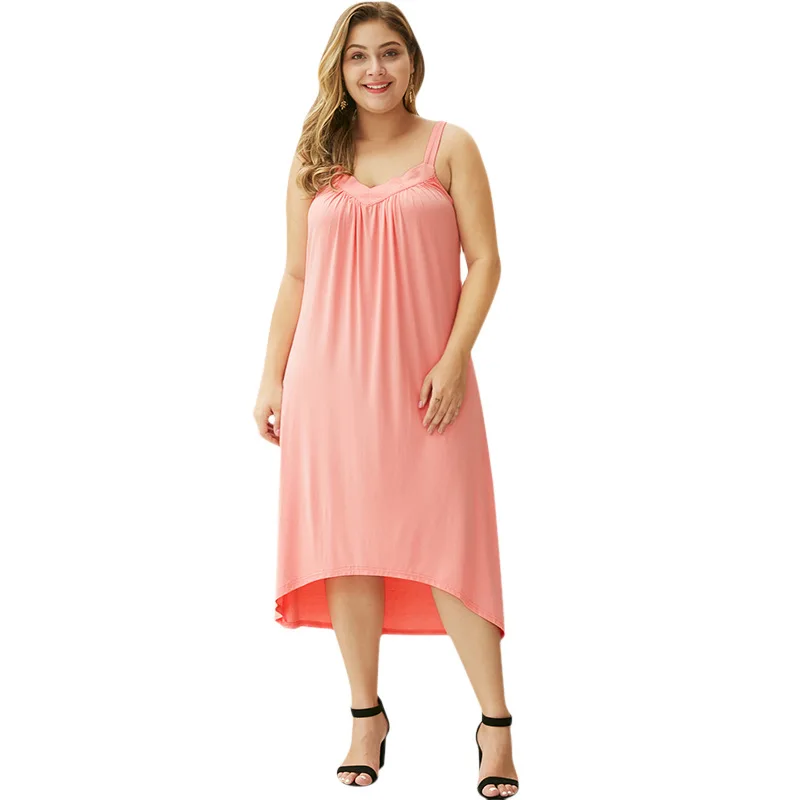 

WHZHM Summer Plus Size 3XL 4XL Pink V-Neck Sexy Dress Women Backless Party Casual Elegant Sleeveless Strap Loose Dress Ladies