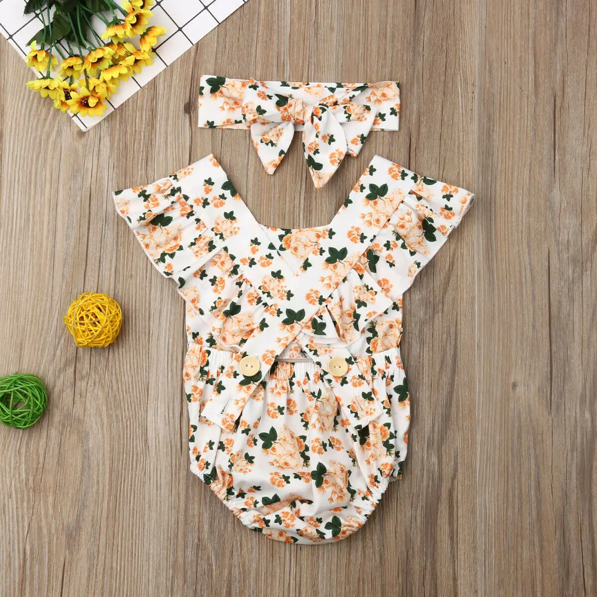 

2019 New Newborn Kids Baby Girls Ruffle Clothes Floral Romper Jumpsuit With Headband Outfits Set 0-24M