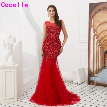 

2019 Red Beading Mermaid Women Luxury Evening Dresses With Feathers Sleeveless Sexy Illusion Women Formal Evening Party Gowns