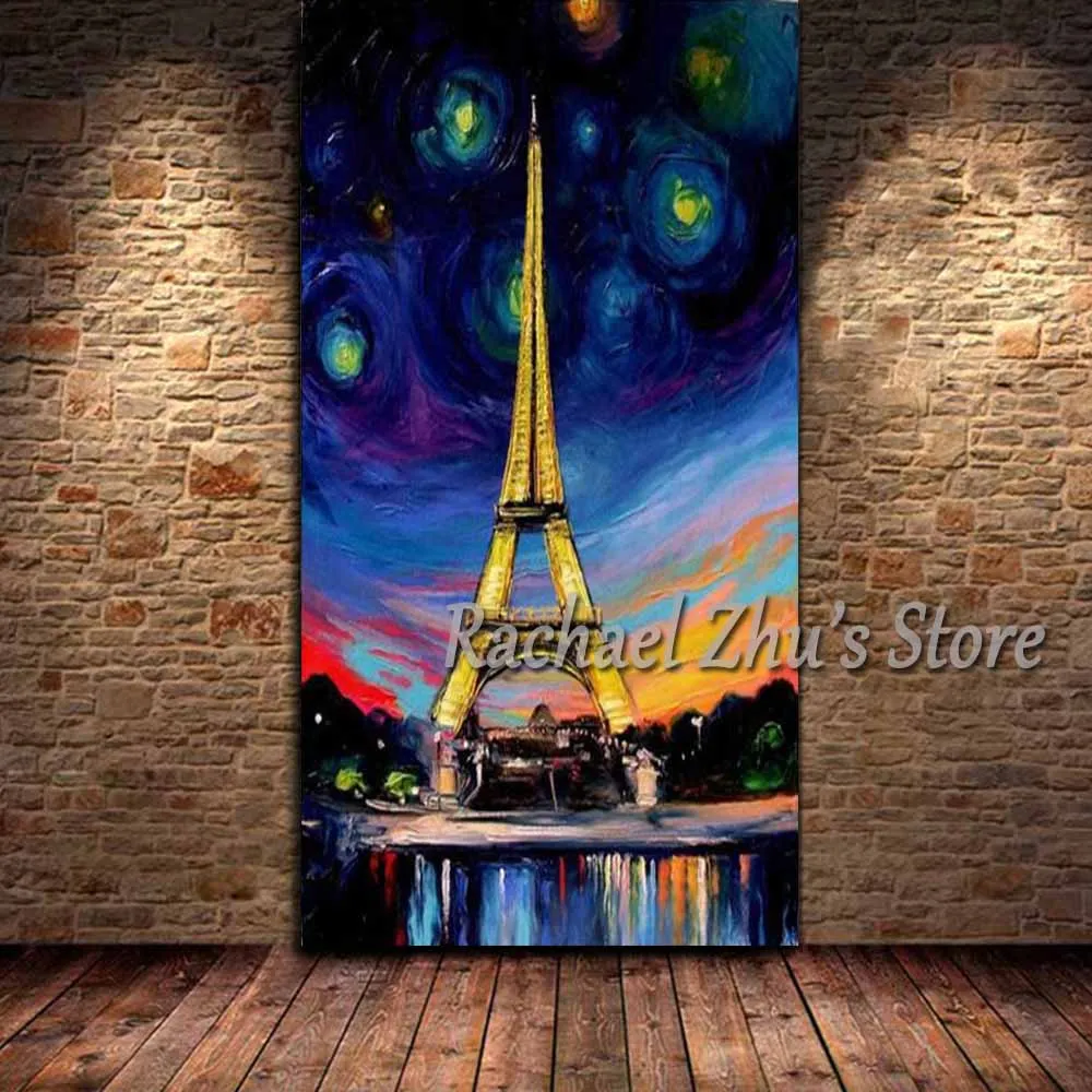 

Hand Painted Abstract Starry Night Eiffel Tower Oil Painting On Canvas Scenery Wall Picture Living Room Bedroom Home Wall Decor