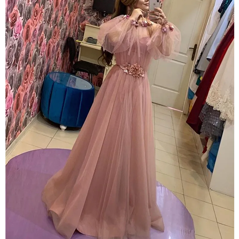 2019 Pink Dubai Muslim Evening Dresses Long Illusion Long Sleeve Flowers Tulle Formal Evening Party Gowns Robe De Soiree