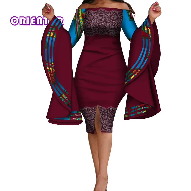 Африканское платье для женщин, сексуальное, с вырезом лодочкой, с большим Расклешенным рукавом, облегающее платье, Африка, Bazin Riche, женские вечерние платья, WY3744