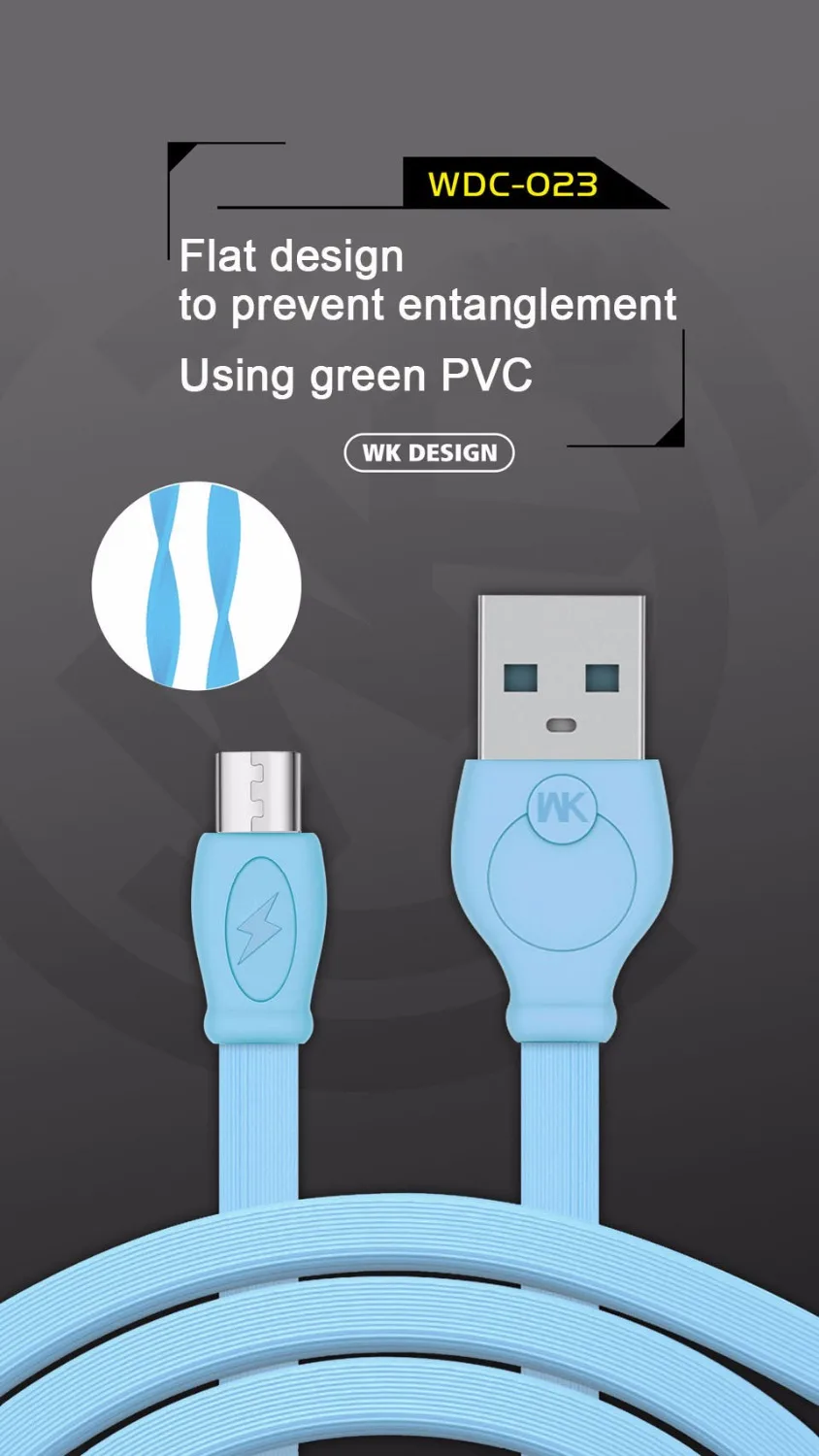 WK 2,4 A Быстрый зарядный плоский кабель USB от Micro до USB передачи данных ПВХ тире шнур 1 м для Xiaomi/samsung/Nokia/Android планшета