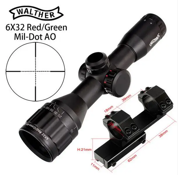 with Dovetail Rings3 WALTHER 6x32 AO Mini Mil-Dot красный и зеленый цвет с подсветкой сетка охотничий прицел тактический оптический прицел тропа прицел - Цвет: with Dovetail Rings3