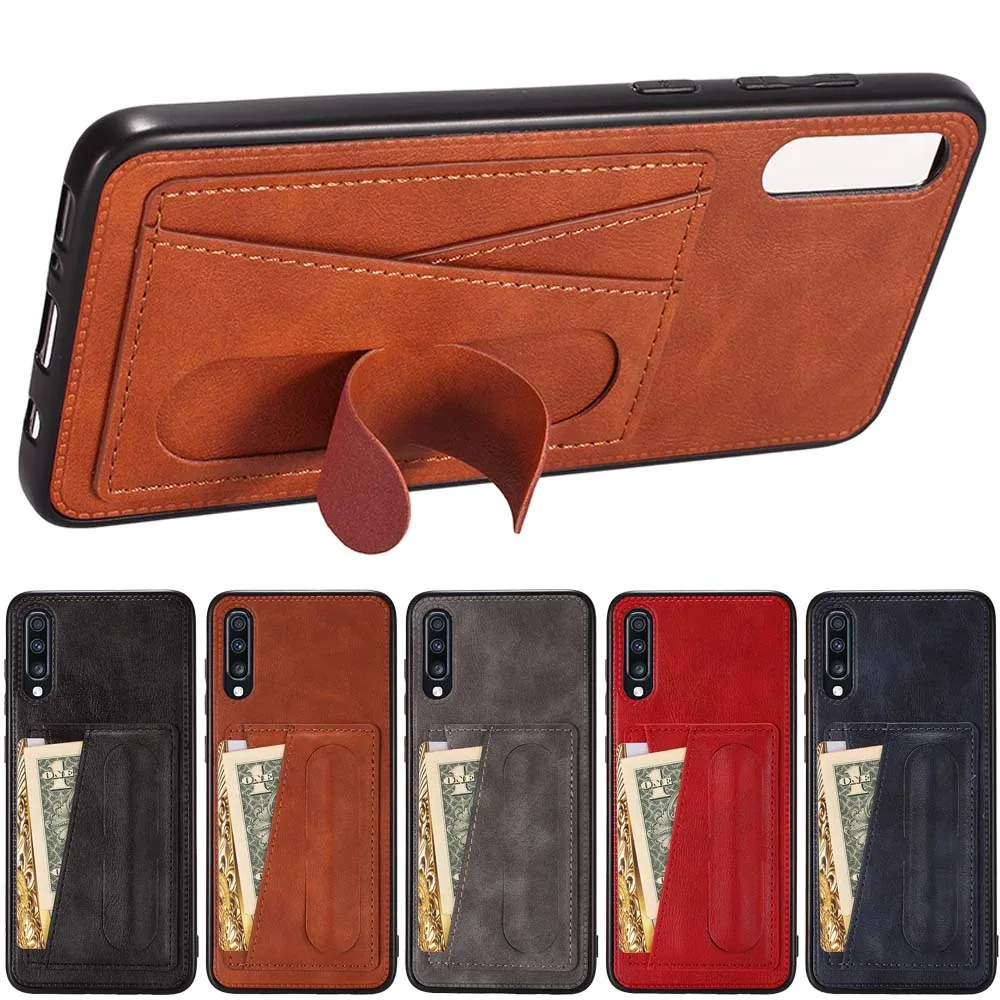 

For Samsung Galaxy A70 case silicone soft bumper card holder kickstand leather case for Samsung A20 A30 case shockproof cover