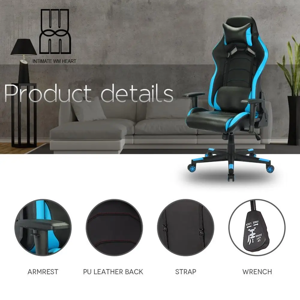 Computer Gaming Chair  PU Leather Swivel Office Chair  Adjustable Head Pillow Movable Lumbar Cushion  Racing Sport Style A35