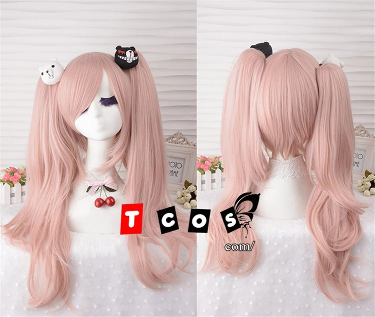 

Danganronpa Junko Enoshima Light Pink Ponytail Cos Hair Dangan Ronpa Junko Heat Resistent Cosplay Costume Wig + Bear Hairpins