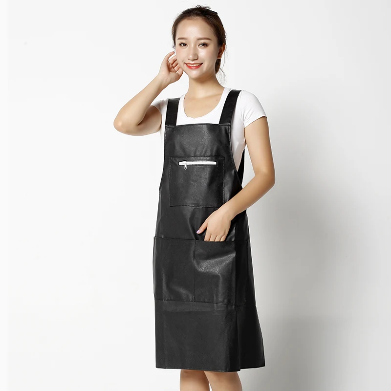 leather vest type PU apron women waterproof and oilproof kitchen cooking gown adult
