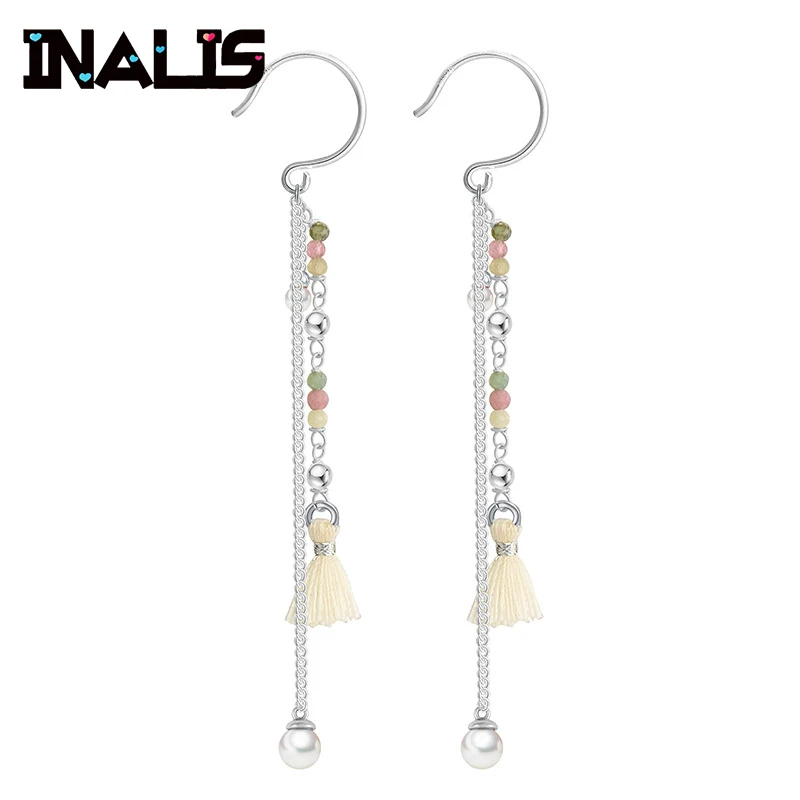 

INALIS Unique Design Drop Earrings 925 Sterling Silver with Tourmaline Pearl Wool Pendant Ear Hook for Women Wedding Brincos
