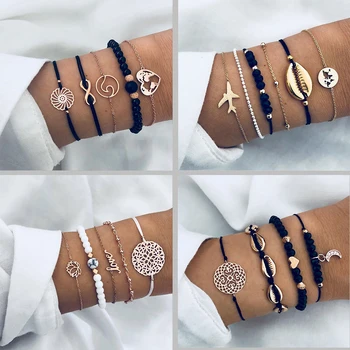 

IPARAM Golden Wave Map Heart Bracelet Set Female Alloy Geometry Bohemian Vintage Multilayer Charm Bracelet 2019 Boho Jewelry