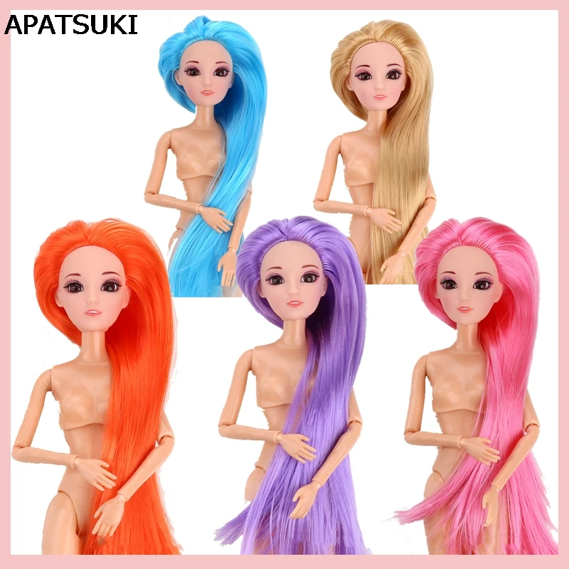 Տիկնիկ գլուխը գունագեղ ուղիղ երկար մազերով DIY պարագաներով գլուխը Barbie տիկնիկների գլուխների համար `1/6 BJD տիկնիկ տան տիկնիկների պարագաների համար