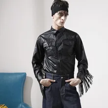 Новая мужская одежда модная одежда с накладными карманами хиппи черная кожаная рубашка с кисточками кожаная тонкая рубашка сценические костюмы певицы