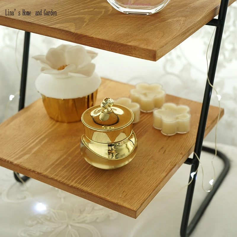 antique brown wood metal 3 tier small display shelf (4)