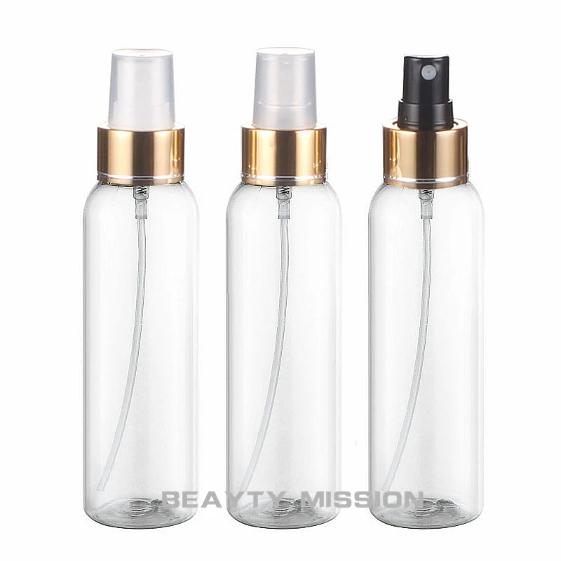 

BEAUTY MISSION 120ML X 36 Clear Round Plastic Bottle With Gold Spray Pump, Empty Cosmetic Container, Perfume Packaging Bottle