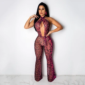 

Sexy Leopard Print Hollow Out Women Jumpsuit Sleeveless Crisscross Lace Up backless Full Length Wide Leg Romper Party Clubwear