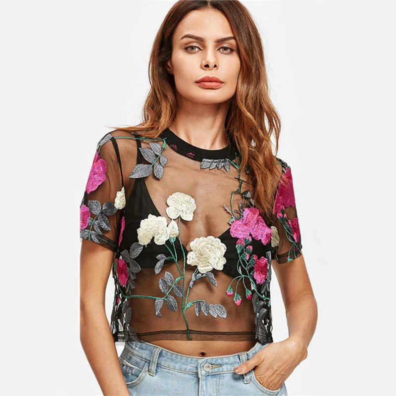 

Sexy Women Sheer Mesh Top Retro Flower Embroidered Short Sleeve Blouse Tops Green/Rose See-through Cropped Top Feminino 2019