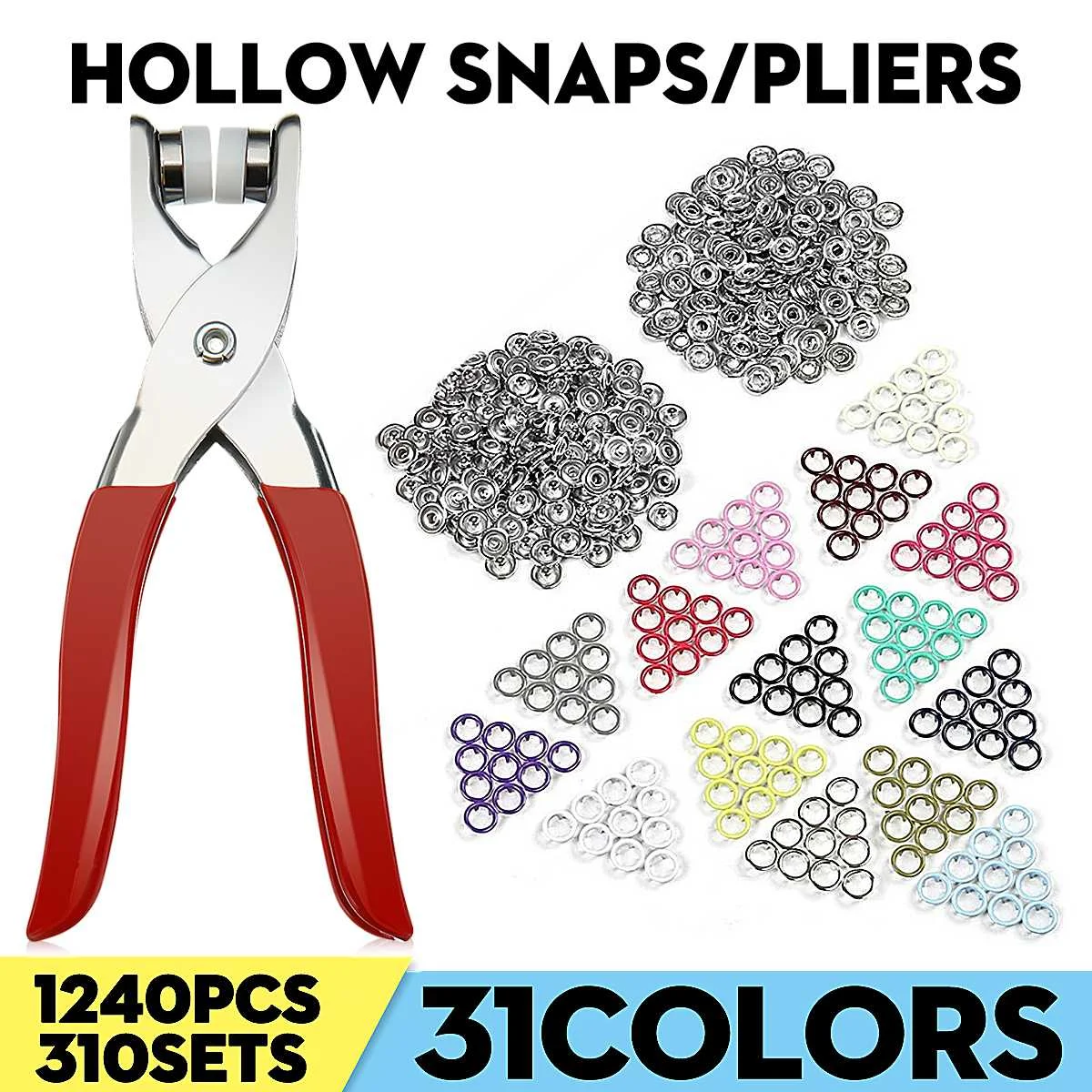 

9.5mm 310 Set Hand Tools 31 Colors Metal Prong Snap Button Fastener Press Studs Hand Plier Buttons Clip DIY Clothing Accessories