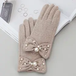 MSD114 новые модные шерстяные перчатки с бархат и толще Сенсорный экран с жемчужным бантом палец женские перчатки