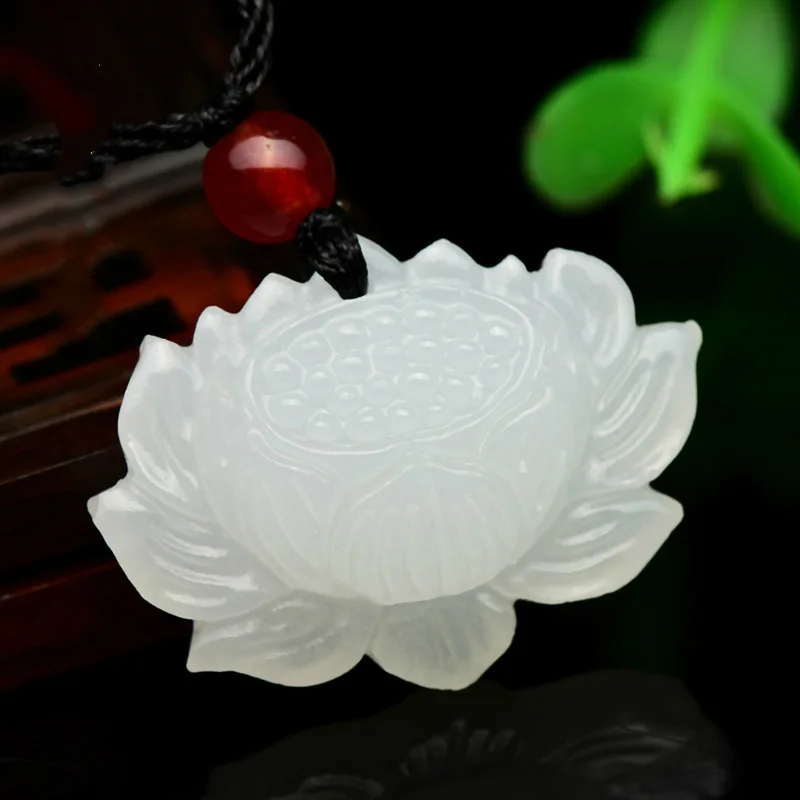 White Jade Pendant Necklace Jade Lotus Flower Lucky Amulet Necklace With Chain For Men Women