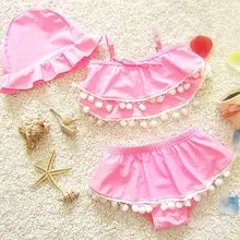 CICI Бутик Дети девушка купальник+ Шапки детская одежда для девочек помпонами комплект бикини оборками детские купальники