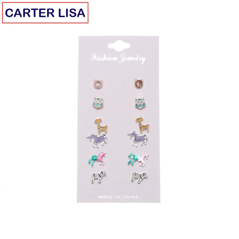 

CARTER LISA 6 pair/set Fashion Women Square Round Crystal Heart Cartoon Stud Earrings for Women Piercing Earrings FREE SHIPPING